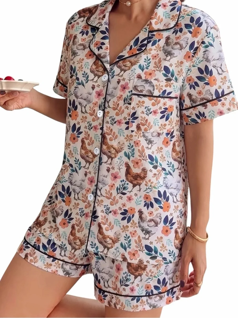Cottagecore Chicken Print Pajama Set • NWT Cozy Farmhouse Short PJ Set L
